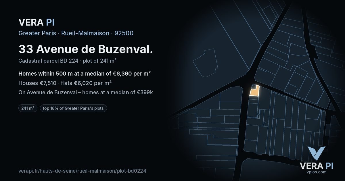 33 Avenue de Buzenval, Rueil-Malmaison at night – the plot lit, the parcels around coloured by the prices near them