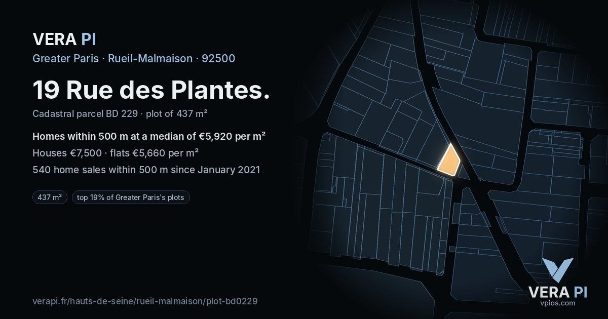19 Rue des Plantes, Rueil-Malmaison at night – the plot lit, the parcels around coloured by the prices near them