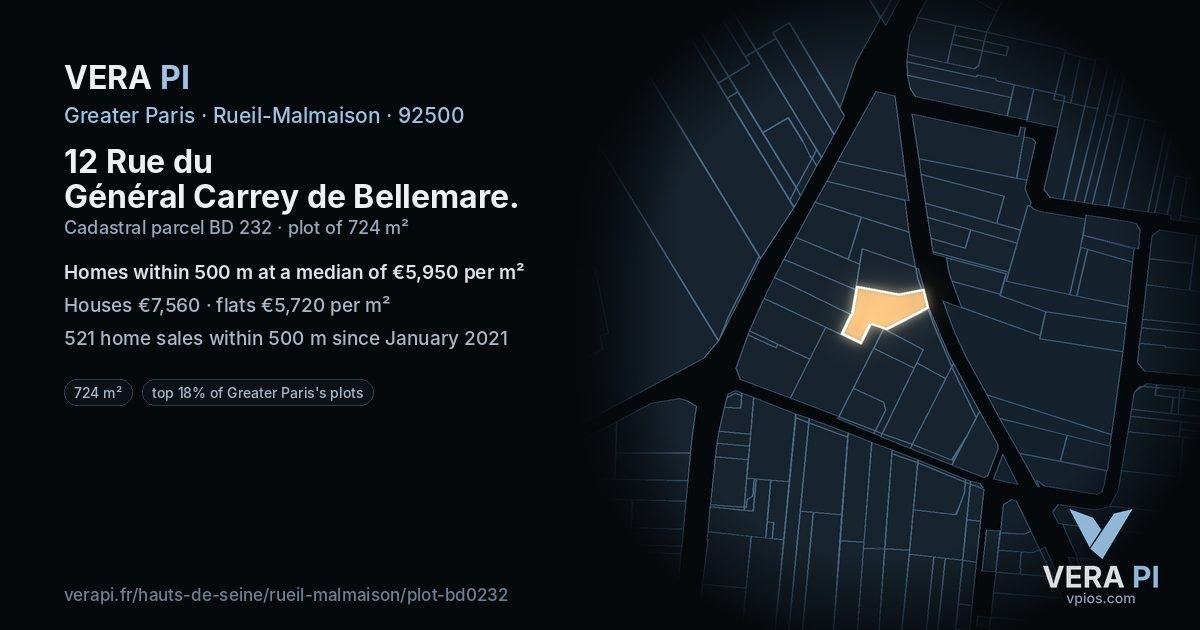 12 Rue du Général Carrey de Bellemare, Rueil-Malmaison at night – the plot lit, the parcels around coloured by the prices near them