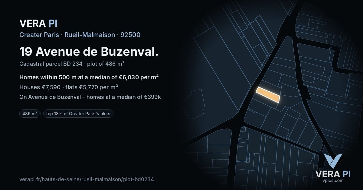 19 Avenue de Buzenval, Rueil-Malmaison at night – the plot lit, the parcels around coloured by the prices near them