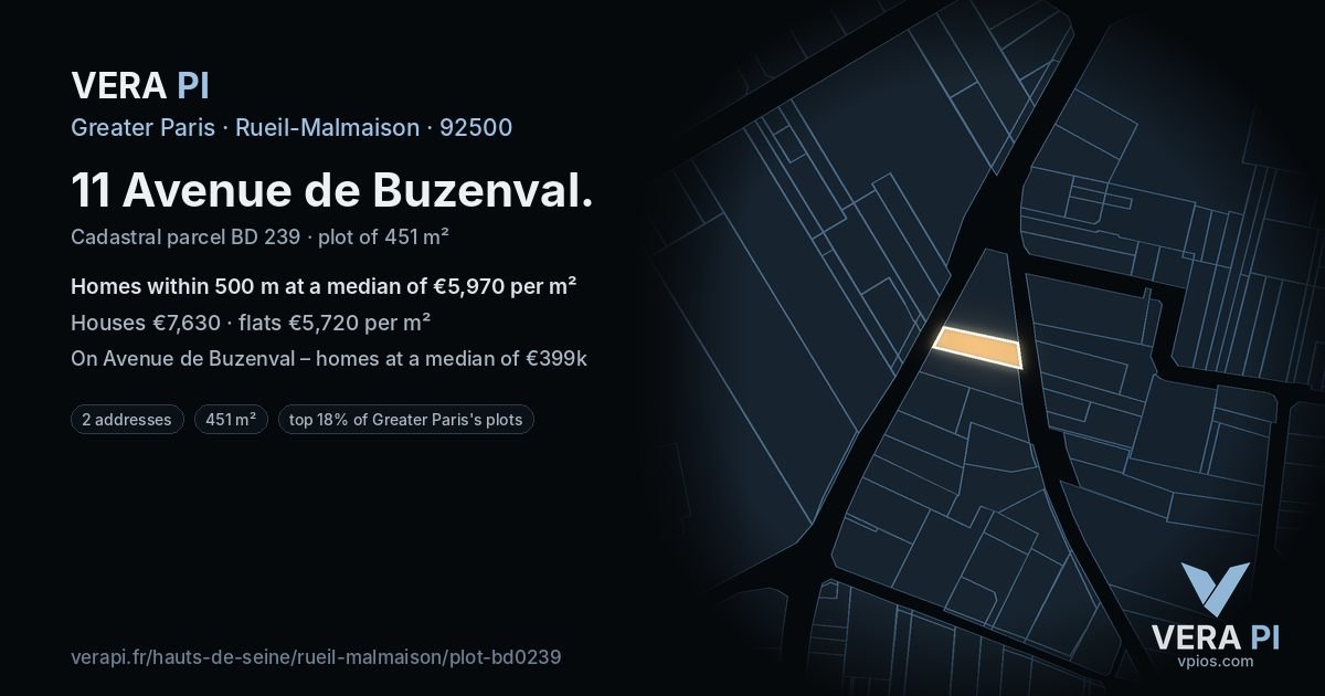 11 Avenue de Buzenval, Rueil-Malmaison at night – the plot lit, the parcels around coloured by the prices near them