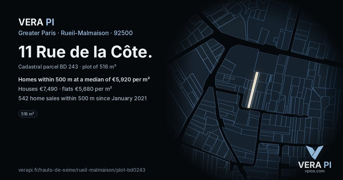 11 Rue de la Côte, Rueil-Malmaison at night – the plot lit, the parcels around coloured by the prices near them