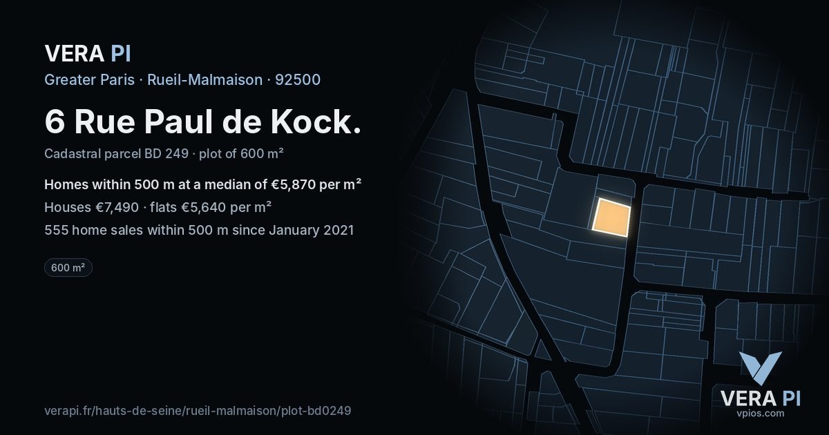 6 Rue Paul de Kock, Rueil-Malmaison at night – the plot lit, the parcels around coloured by the prices near them