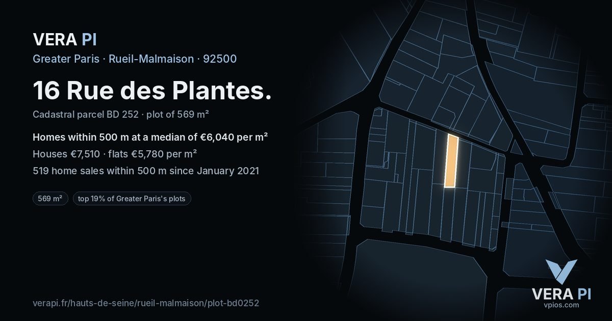 16 Rue des Plantes, Rueil-Malmaison at night – the plot lit, the parcels around coloured by the prices near them