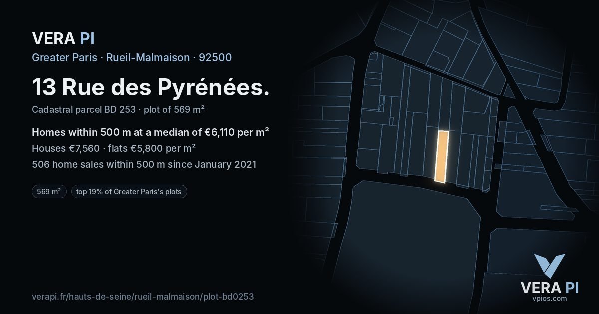 13 Rue des Pyrénées, Rueil-Malmaison at night – the plot lit, the parcels around coloured by the prices near them