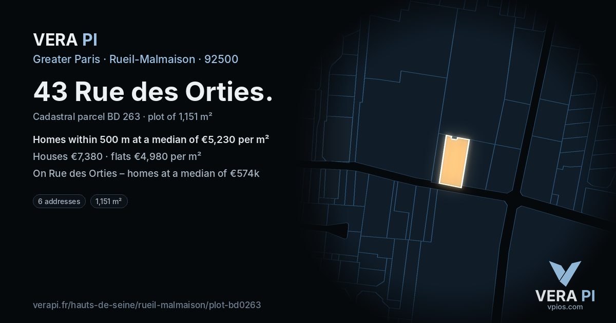 43 Rue des Orties, Rueil-Malmaison at night – the plot lit, the parcels around coloured by the prices near them
