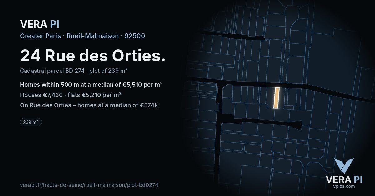 24 Rue des Orties, Rueil-Malmaison at night – the plot lit, the parcels around coloured by the prices near them