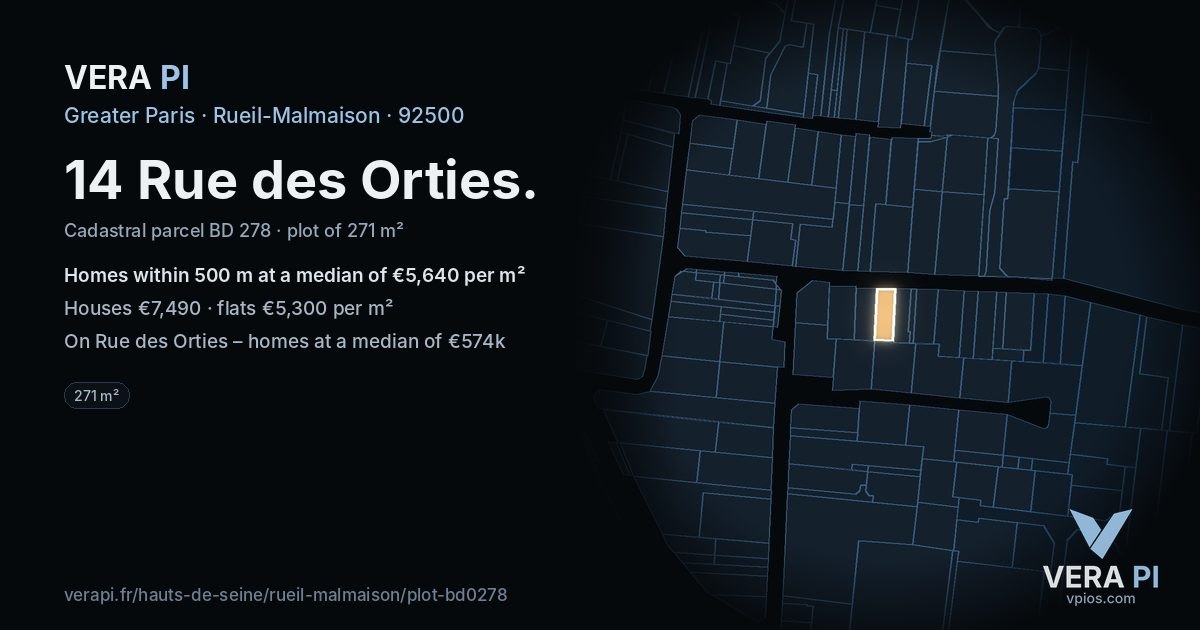 14 Rue des Orties, Rueil-Malmaison at night – the plot lit, the parcels around coloured by the prices near them