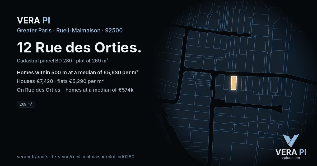 12 Rue des Orties, Rueil-Malmaison at night – the plot lit, the parcels around coloured by the prices near them