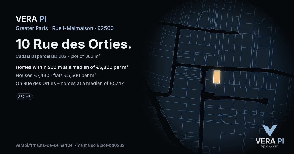10 Rue des Orties, Rueil-Malmaison at night – the plot lit, the parcels around coloured by the prices near them