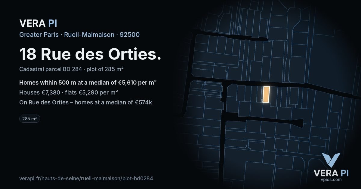 18 Rue des Orties, Rueil-Malmaison at night – the plot lit, the parcels around coloured by the prices near them
