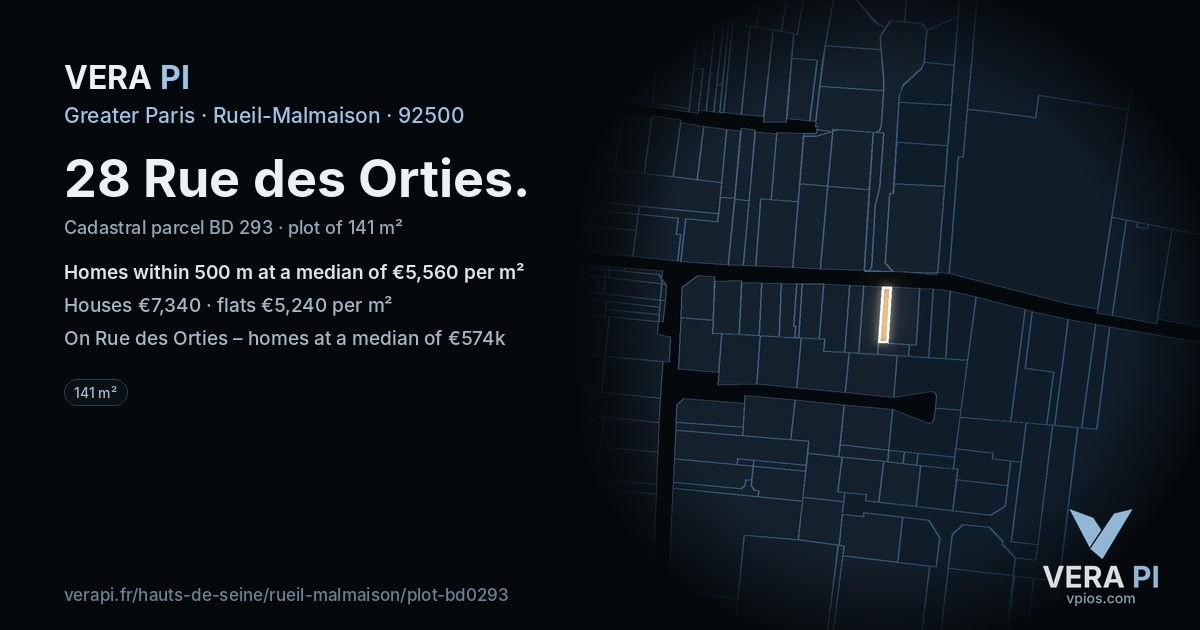 28 Rue des Orties, Rueil-Malmaison at night – the plot lit, the parcels around coloured by the prices near them