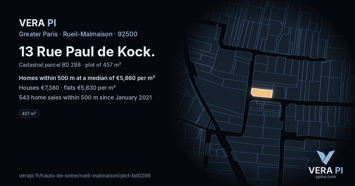 13 Rue Paul de Kock, Rueil-Malmaison at night – the plot lit, the parcels around coloured by the prices near them