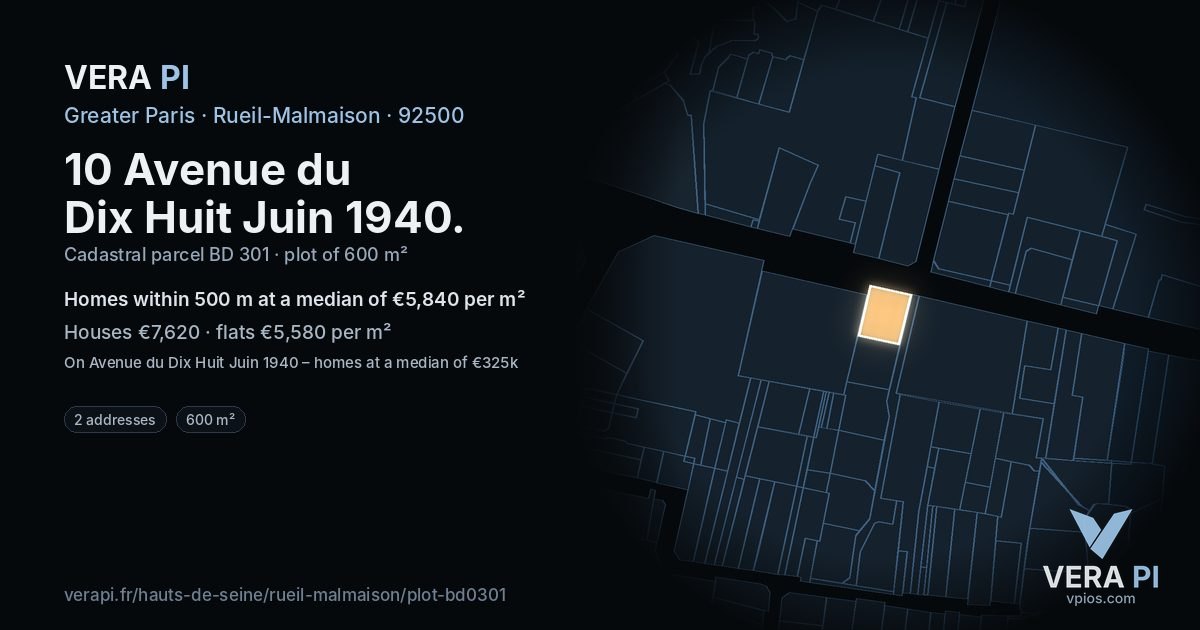 10 Avenue du Dix Huit Juin 1940, Rueil-Malmaison at night – the plot lit, the parcels around coloured by the prices near them