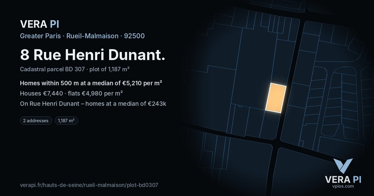 8 Rue Henri Dunant, Rueil-Malmaison at night – the plot lit, the parcels around coloured by the prices near them