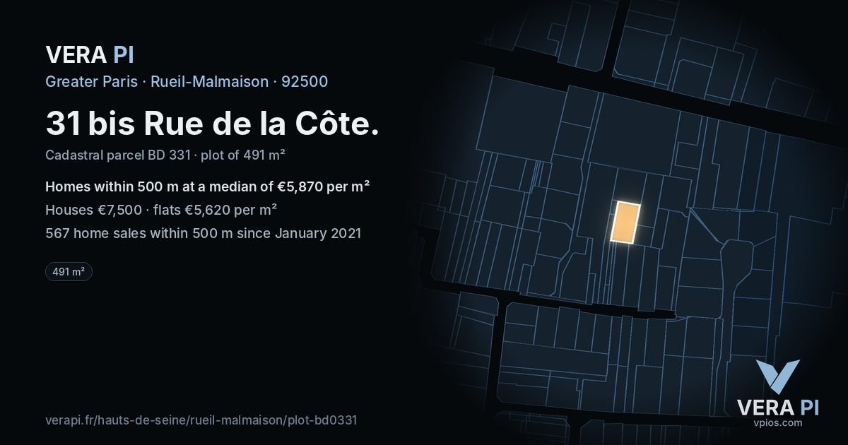31 bis Rue de la Côte, Rueil-Malmaison at night – the plot lit, the parcels around coloured by the prices near them