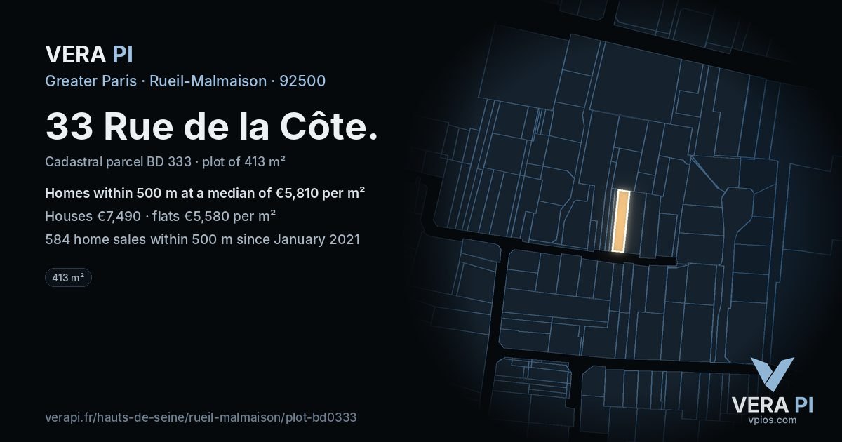 33 Rue de la Côte, Rueil-Malmaison at night – the plot lit, the parcels around coloured by the prices near them