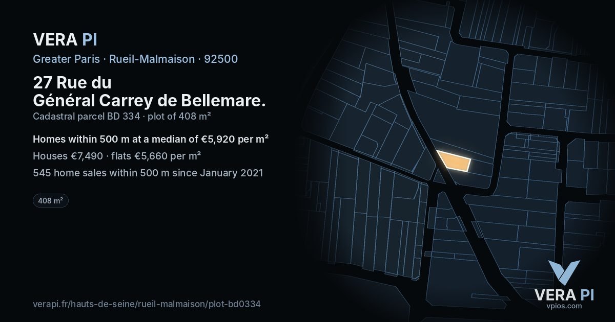 27 Rue du Général Carrey de Bellemare, Rueil-Malmaison at night – the plot lit, the parcels around coloured by the prices near them