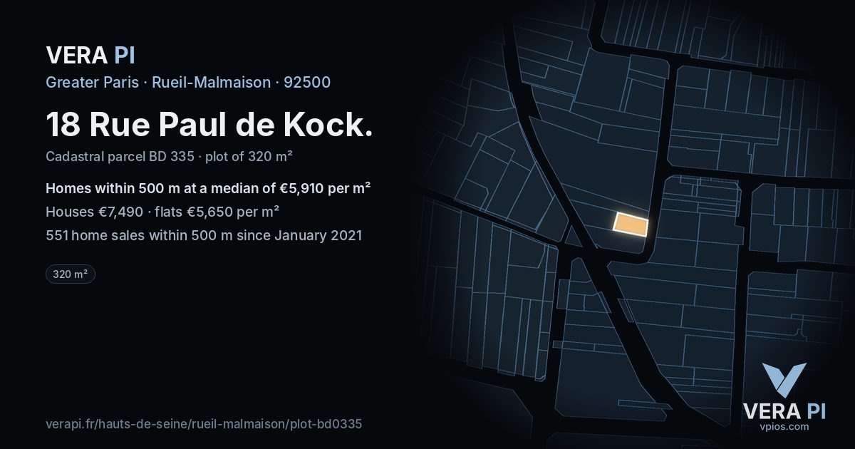 18 Rue Paul de Kock, Rueil-Malmaison at night – the plot lit, the parcels around coloured by the prices near them