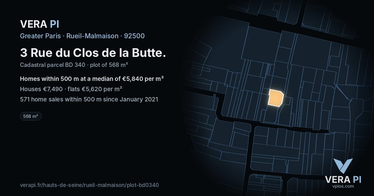 3 Rue du Clos de la Butte, Rueil-Malmaison at night – the plot lit, the parcels around coloured by the prices near them