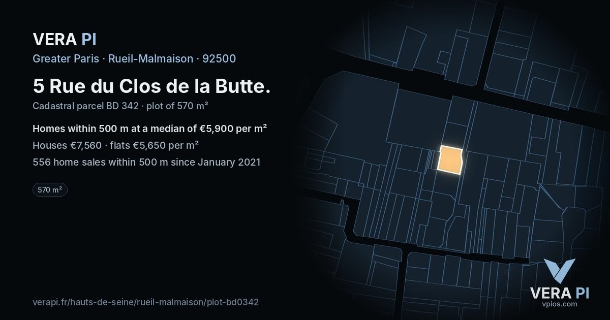 5 Rue du Clos de la Butte, Rueil-Malmaison at night – the plot lit, the parcels around coloured by the prices near them