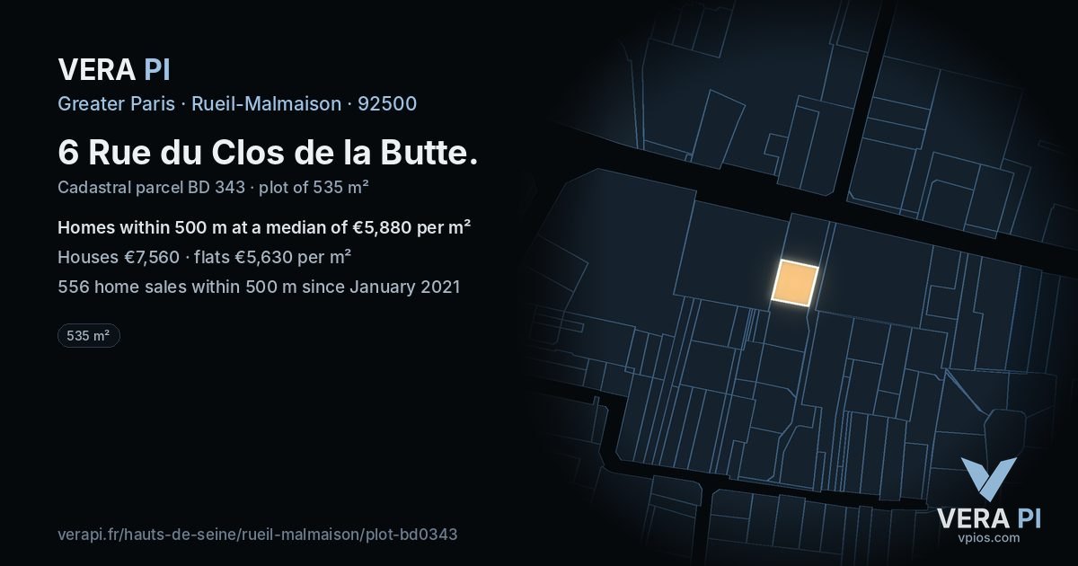 6 Rue du Clos de la Butte, Rueil-Malmaison at night – the plot lit, the parcels around coloured by the prices near them