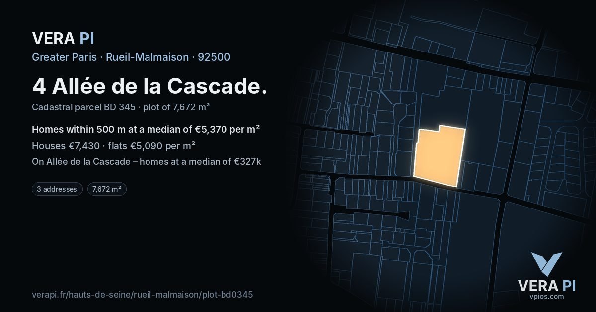 4 Allée de la Cascade, Rueil-Malmaison at night – the plot lit, the parcels around coloured by the prices near them