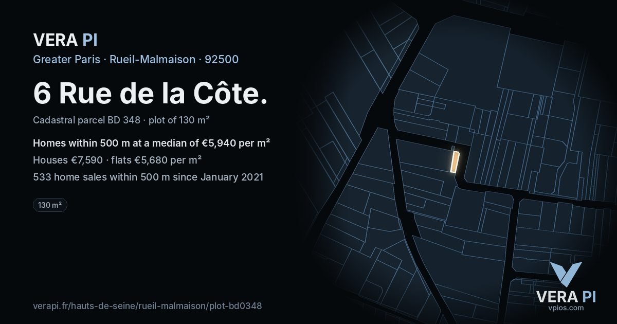 6 Rue de la Côte, Rueil-Malmaison at night – the plot lit, the parcels around coloured by the prices near them