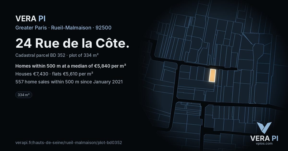 24 Rue de la Côte, Rueil-Malmaison at night – the plot lit, the parcels around coloured by the prices near them