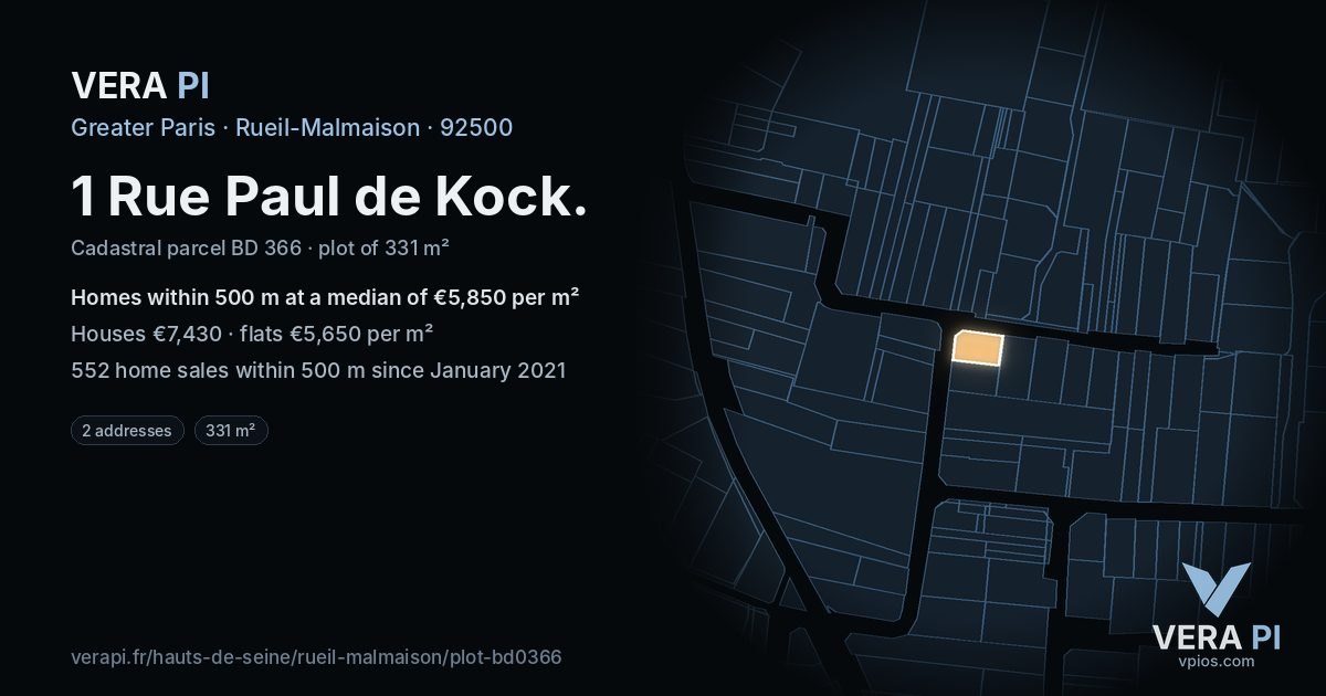 1 Rue Paul de Kock, Rueil-Malmaison at night – the plot lit, the parcels around coloured by the prices near them