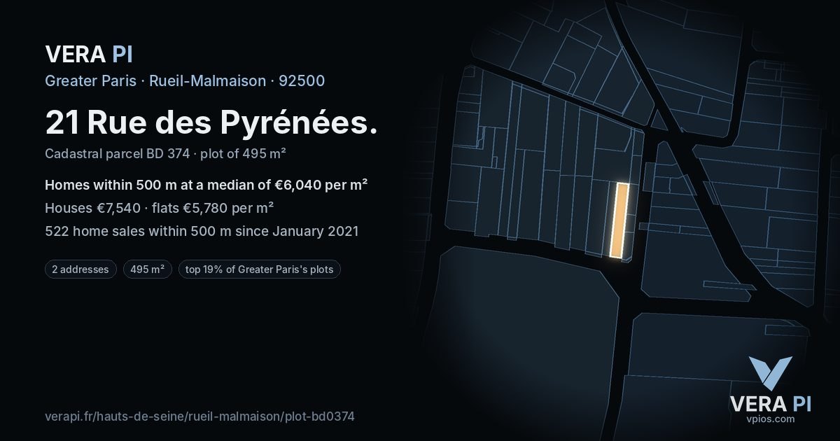 21 Rue des Pyrénées, Rueil-Malmaison at night – the plot lit, the parcels around coloured by the prices near them