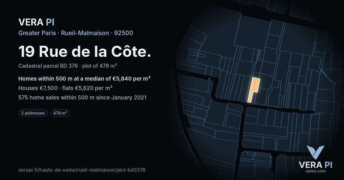 19 Rue de la Côte, Rueil-Malmaison at night – the plot lit, the parcels around coloured by the prices near them