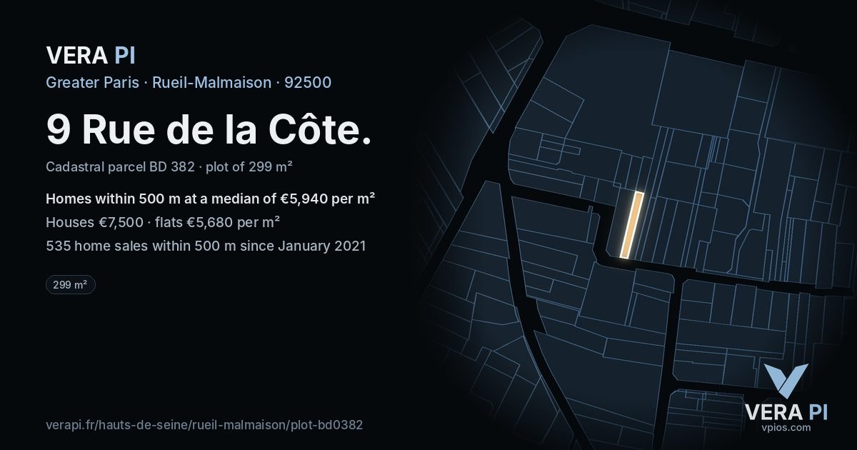 9 Rue de la Côte, Rueil-Malmaison at night – the plot lit, the parcels around coloured by the prices near them