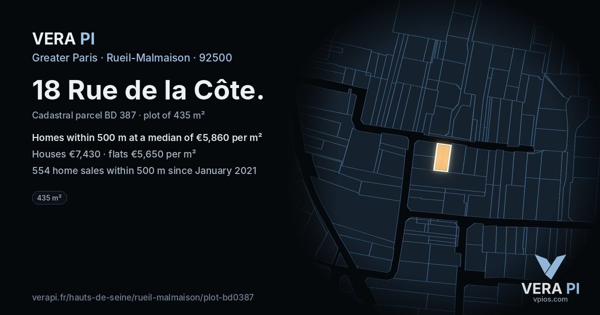 18 Rue de la Côte, Rueil-Malmaison at night – the plot lit, the parcels around coloured by the prices near them