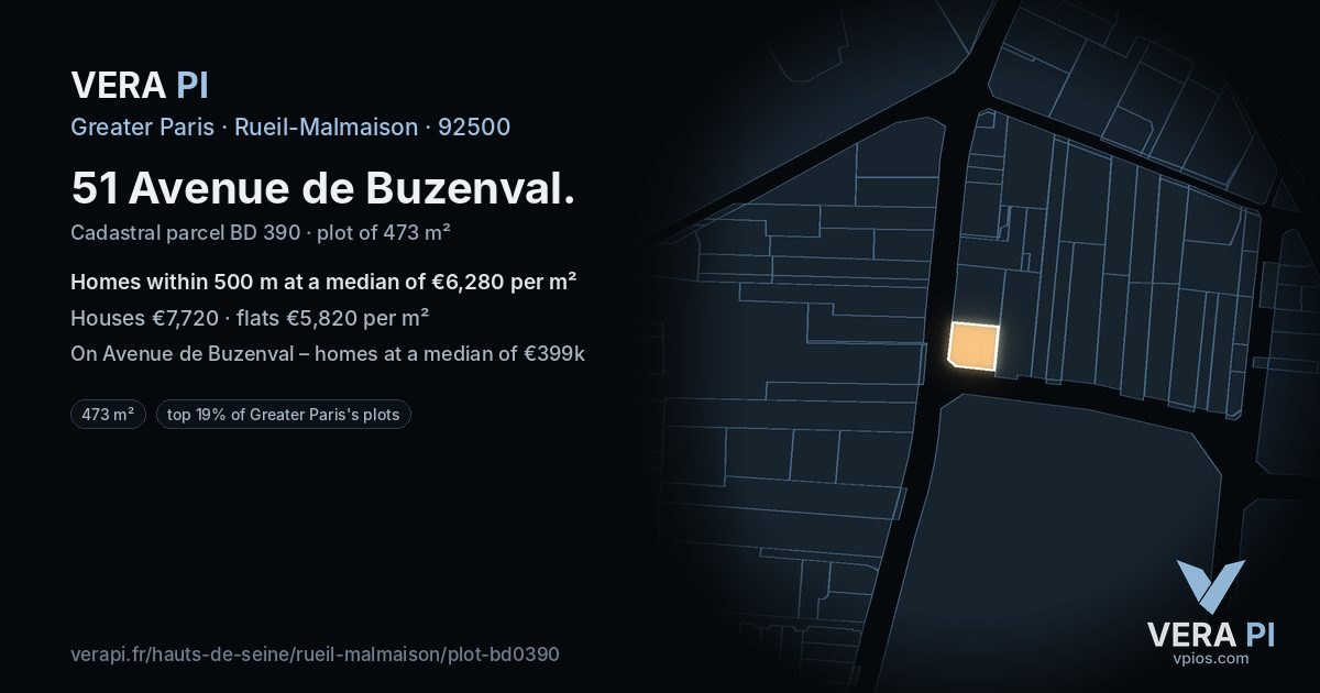 51 Avenue de Buzenval, Rueil-Malmaison at night – the plot lit, the parcels around coloured by the prices near them
