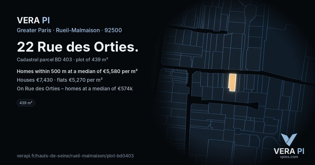 22 Rue des Orties, Rueil-Malmaison at night – the plot lit, the parcels around coloured by the prices near them