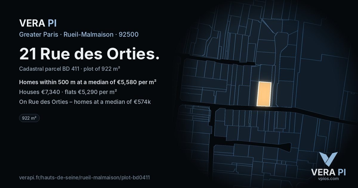 21 Rue des Orties, Rueil-Malmaison at night – the plot lit, the parcels around coloured by the prices near them