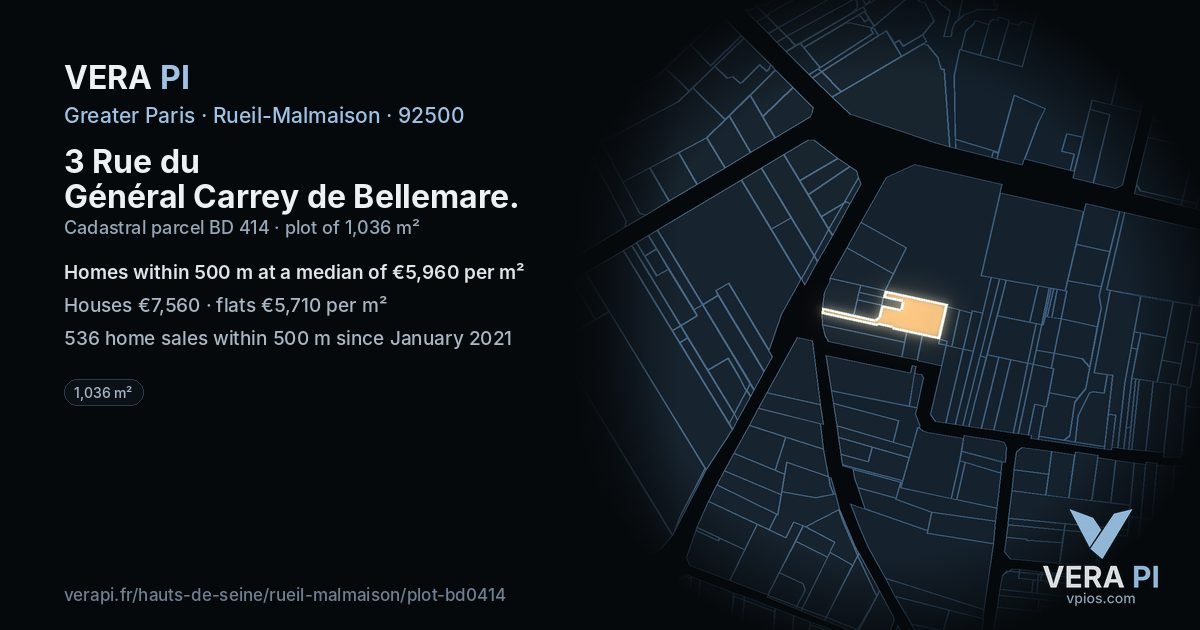 3 Rue du Général Carrey de Bellemare, Rueil-Malmaison at night – the plot lit, the parcels around coloured by the prices near them