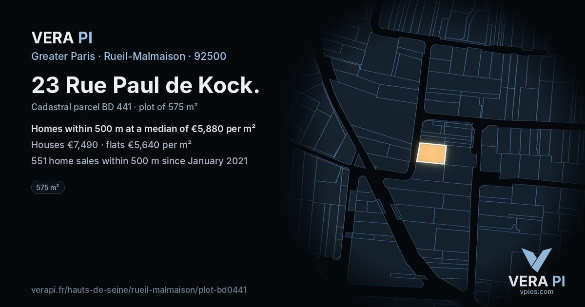 23 Rue Paul de Kock, Rueil-Malmaison at night – the plot lit, the parcels around coloured by the prices near them