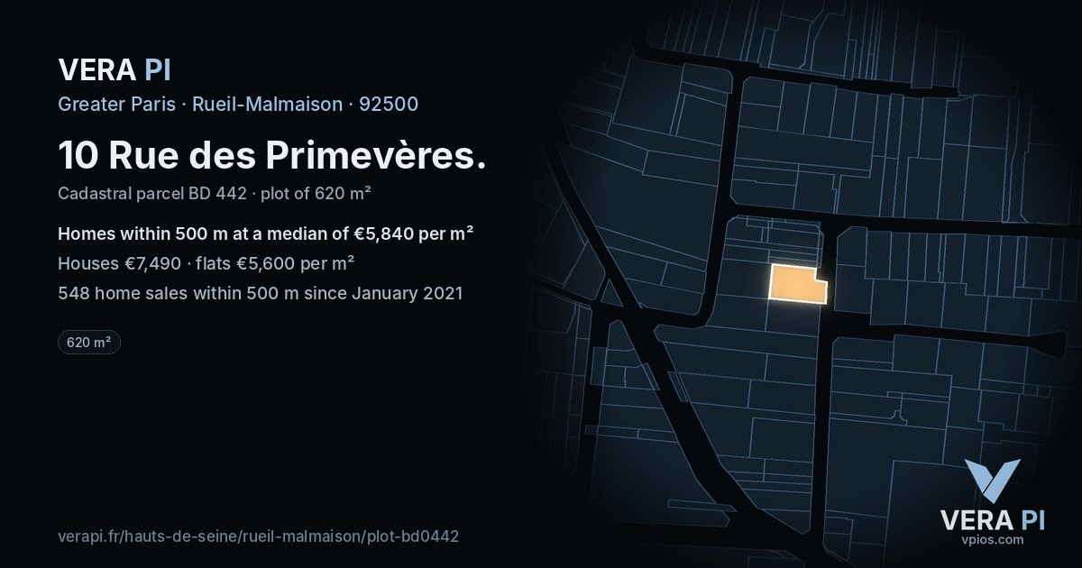 10 Rue des Primevères, Rueil-Malmaison at night – the plot lit, the parcels around coloured by the prices near them