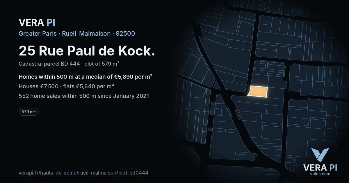 25 Rue Paul de Kock, Rueil-Malmaison at night – the plot lit, the parcels around coloured by the prices near them