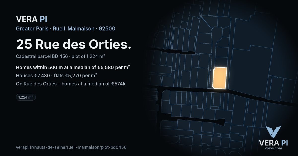 25 Rue des Orties, Rueil-Malmaison at night – the plot lit, the parcels around coloured by the prices near them
