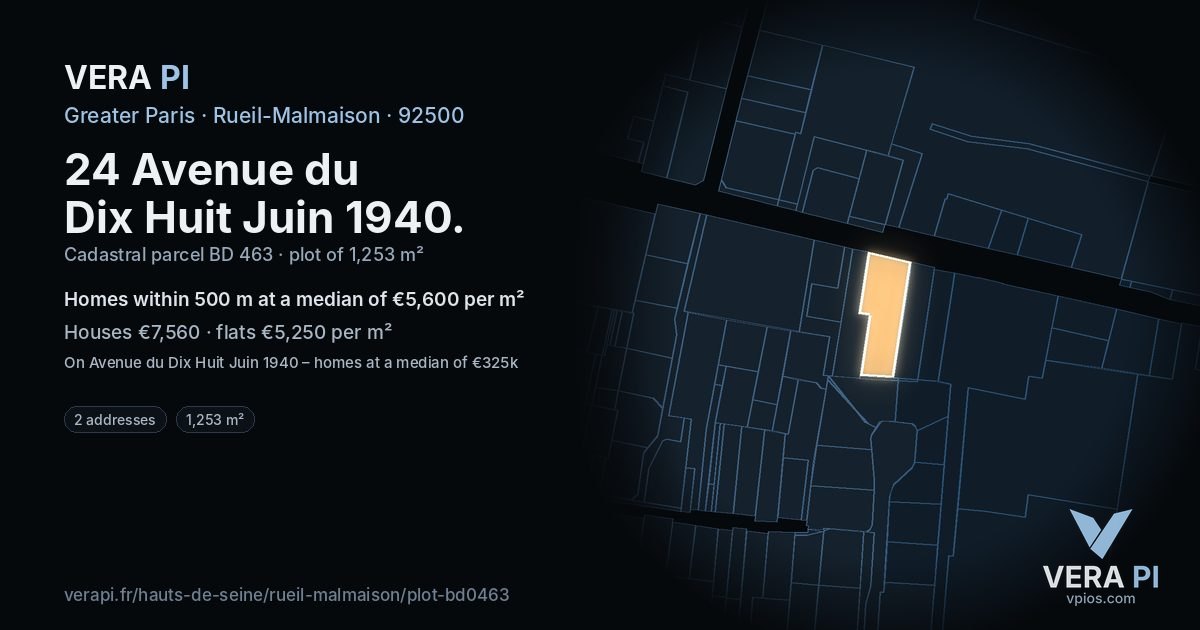 24 Avenue du Dix Huit Juin 1940, Rueil-Malmaison at night – the plot lit, the parcels around coloured by the prices near them