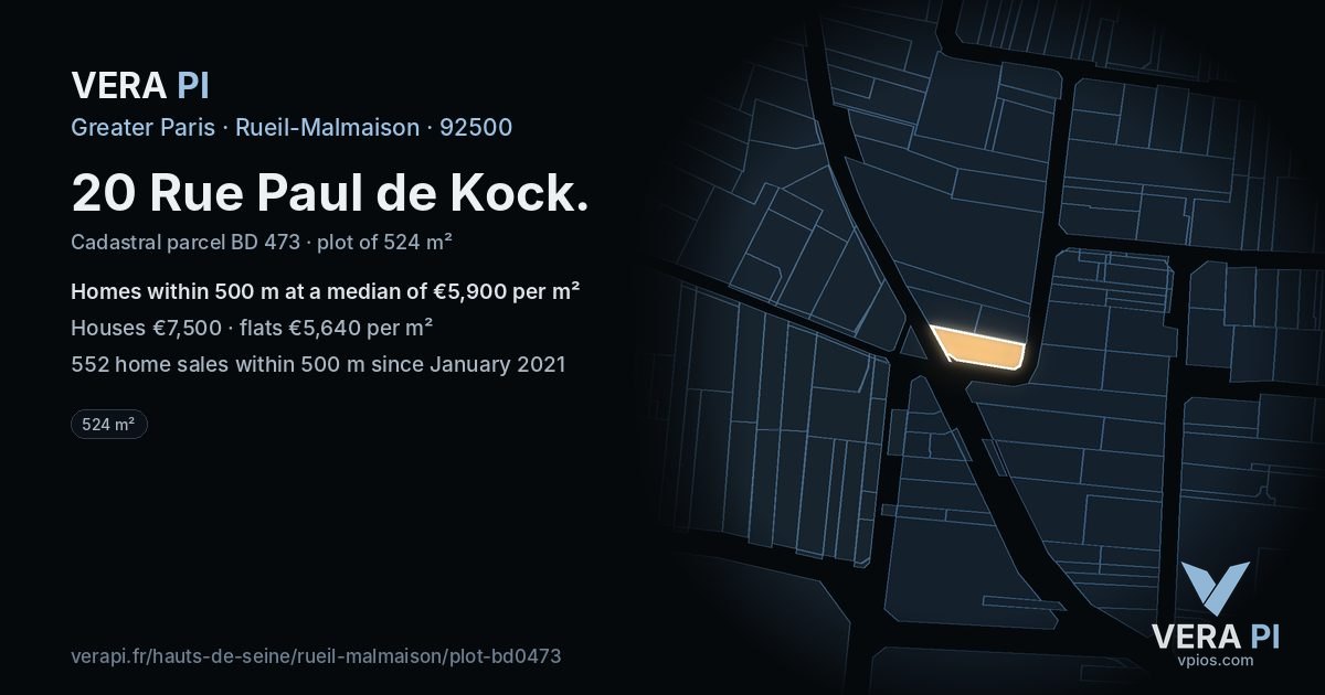 20 Rue Paul de Kock, Rueil-Malmaison at night – the plot lit, the parcels around coloured by the prices near them