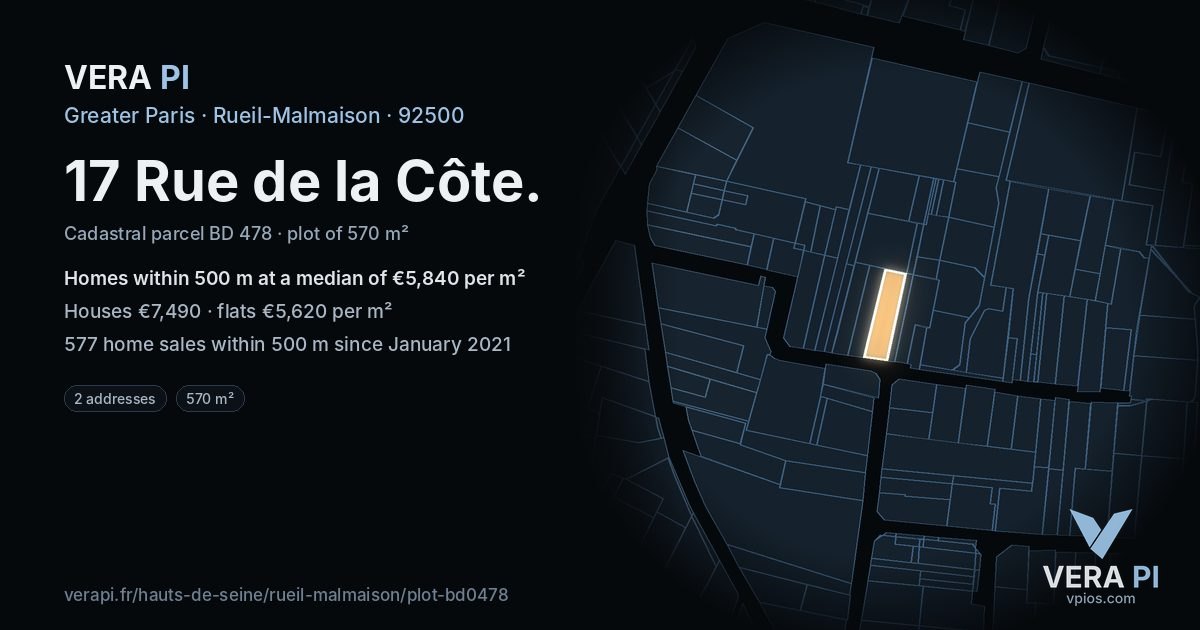 17 Rue de la Côte, Rueil-Malmaison at night – the plot lit, the parcels around coloured by the prices near them