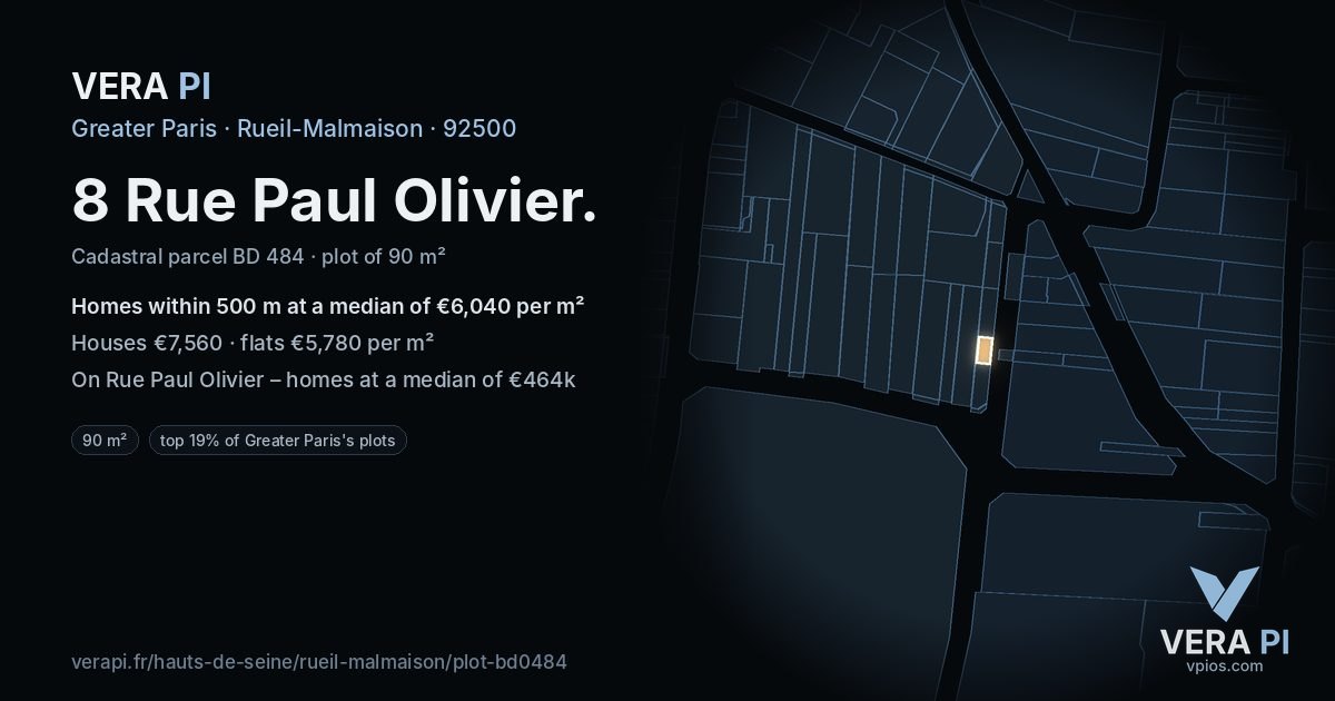 8 Rue Paul Olivier, Rueil-Malmaison at night – the plot lit, the parcels around coloured by the prices near them