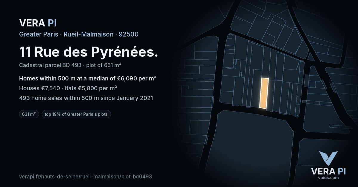 11 Rue des Pyrénées, Rueil-Malmaison at night – the plot lit, the parcels around coloured by the prices near them