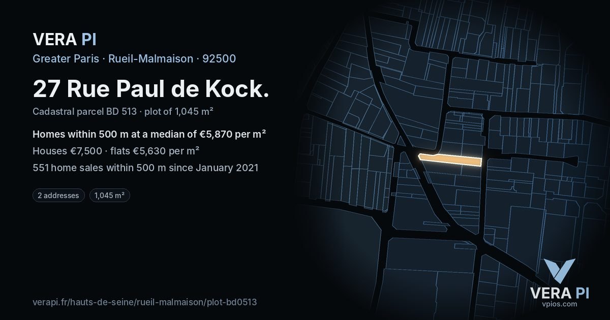 27 Rue Paul de Kock, Rueil-Malmaison at night – the plot lit, the parcels around coloured by the prices near them