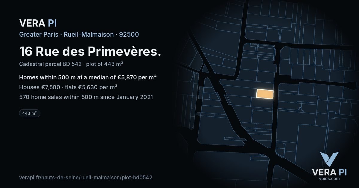 16 Rue des Primevères, Rueil-Malmaison at night – the plot lit, the parcels around coloured by the prices near them