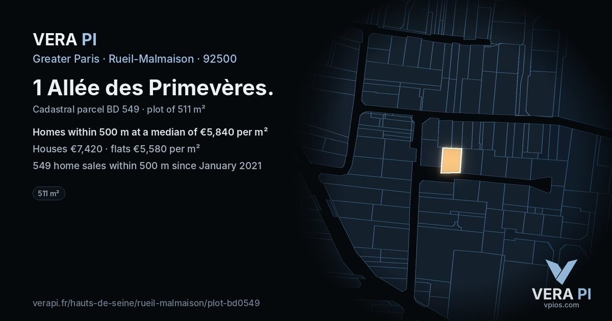 1 Allée des Primevères, Rueil-Malmaison at night – the plot lit, the parcels around coloured by the prices near them
